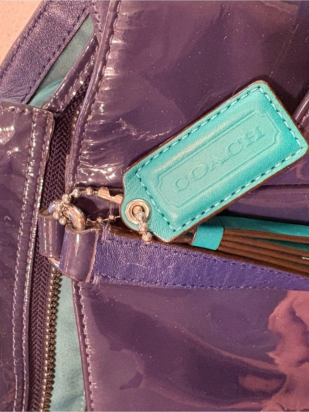 Coach Navy Patent Tote with Teal Tag Accent